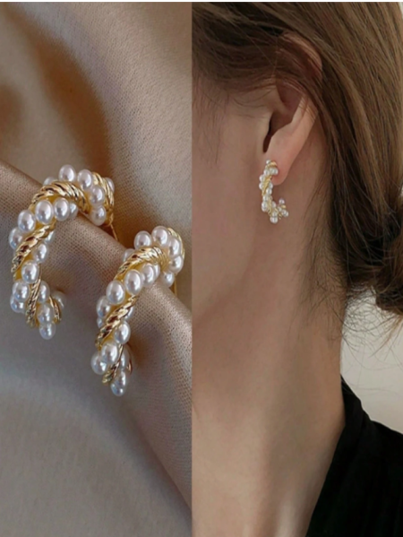 زوج من أقراط اللؤلؤ الهندسية الأنيقة، تصميم بسيط ثابت للأذن